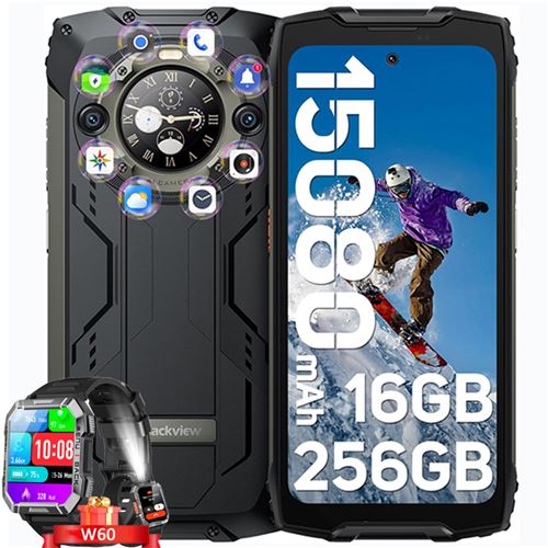 Blackview BV9300 Pro Smartphone Incassable Double Écran 6.7 16Go+256Go 15080mAh Noir avec Blackview W60