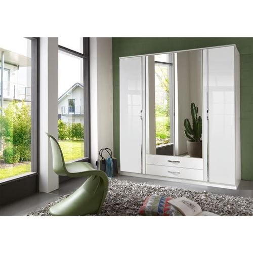 Armoire - Panneaux de particules - Décor blanc - 4 portes - L 180 x P 56 x H 199 cm - TRIO