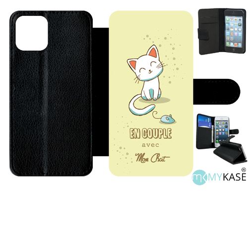 Etui My-Kase pour iPhone 11 Pro - en couple avec mon chat fond jaune - Simili-cuir Noir