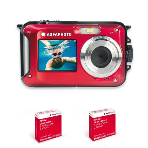 AGFAPHOTO Realishot WP8000 + 2 Batteries - Appareil Photo Numerique Étanche, 3m/10, 24 MP, Video Full HD, Double ecran LCD, Zoom Digital 16x, Stabilisateur Numerique - Rouge