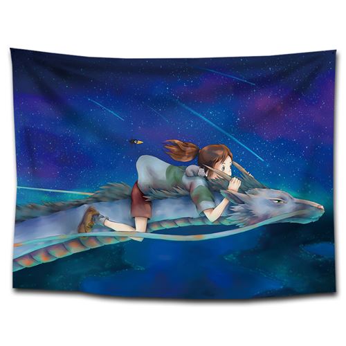Tapisserie murale en polyester Le Voyage de Chihiro décorations pour la maison – 130*150cm (Haku et Chihiro)