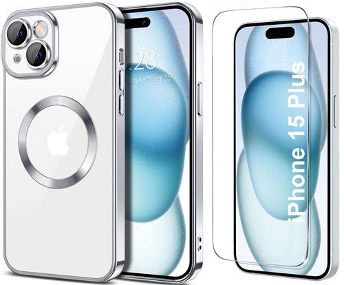 Coque Silicone Pour iPhone 15 Plus Couleur Argent Compatible Magsafe + Verre Trempe Protection Ecran Little Boutik®