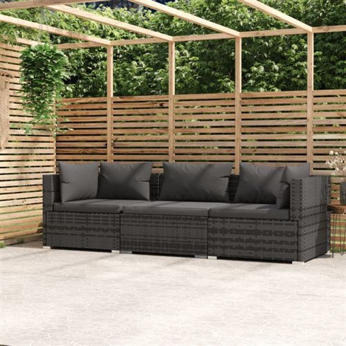 Vidaxl canap&eacute; 3 places avec coussins gris r&eacute;sine tress&eacute;e