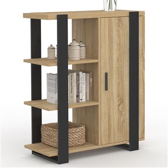 Buffet d'appoint 3 étagères et placard 70 cm PHOENIX bois et noir - 1