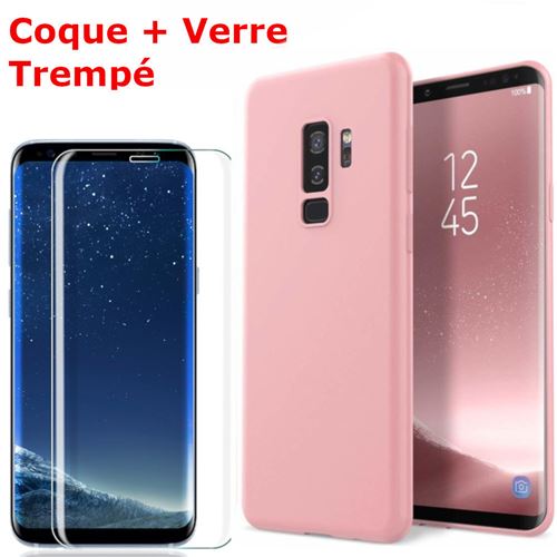 Coque Souple Silicone Pour Samsung Galaxy S9 Rose + Verre Trempé Anti chocs et Rayures Vitre de Protection
