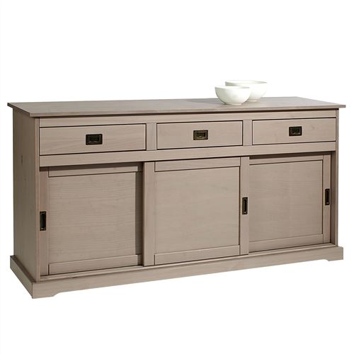 Buffet SAVONA en pin massif, 3 tiroirs et 3 portes, lasuré taupe