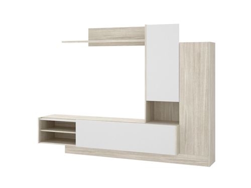 Mur TV MARITSA - Avec rangements - Coloris : Chêne Gris & Blanc
