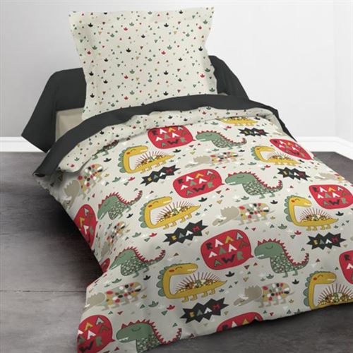 TODAY Parure de couette 100% coton HAPPY DINO FAMILY - 1 housse de couette et 1 taie d'oreiller - 140x200 cm - Noir et beige