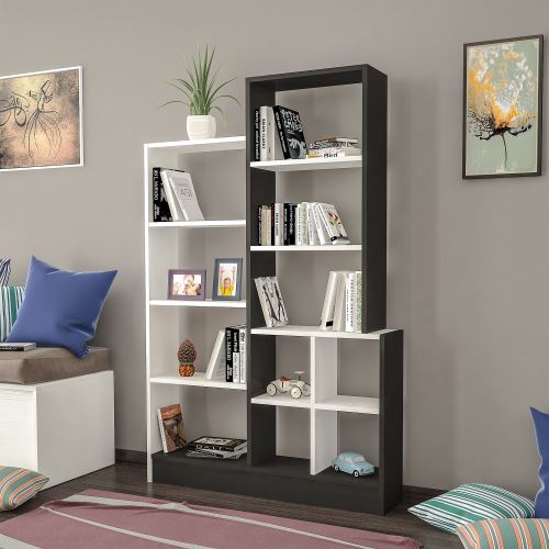 HOMEMANIA Bibliothèque Monde avec Étagères, Meuble de Rangement - pour Salon, Bureau - Noir, Blanc en Bois, 102,2 x 22 x 160,8 cm