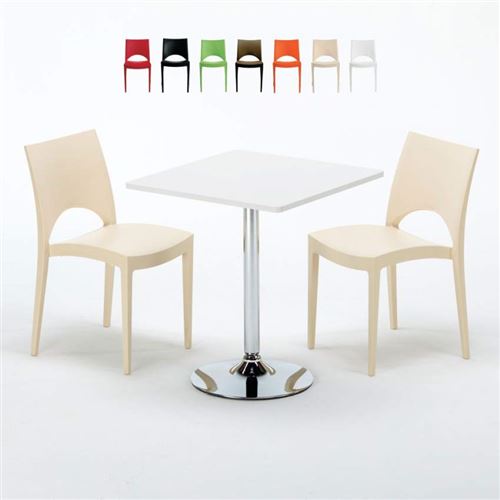 Table Carrée Blanche 70x70cm Avec 2 Chaises Colorées Grand Soleil Set Intérieur Bar Café Paris Cocktail, Couleur: Beige