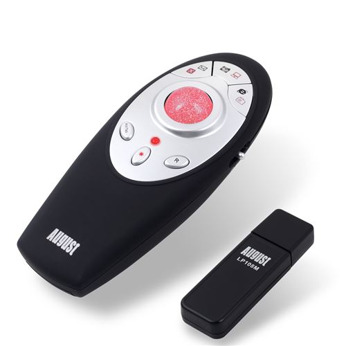 August LP108M Télécommande de présentation PowerPoint sans fil avec pointeur laser rouge - avec Souris - Portée de 15m - Noir