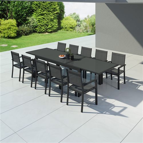 Avril Paris - Table de jardin extensible aluminium 200/320cm + 10 fauteuils textilène Noir - HARA XXL