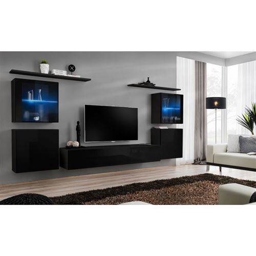Ensemble meuble salon mural SWITCH XIV design, coloris noir brillant.