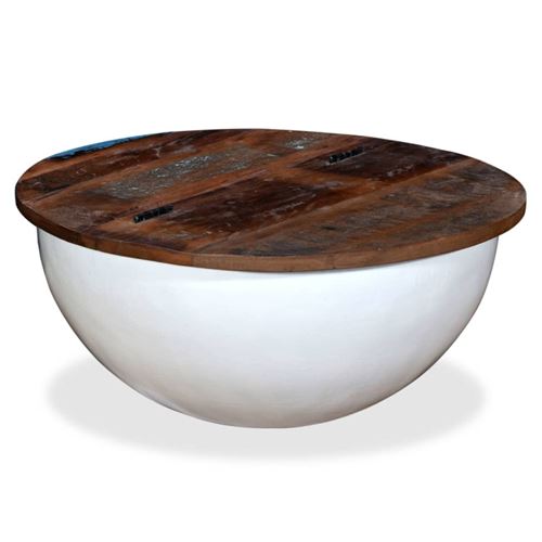 Table basse bois de r&eacute;cup&eacute;ration massif blanc forme de bol