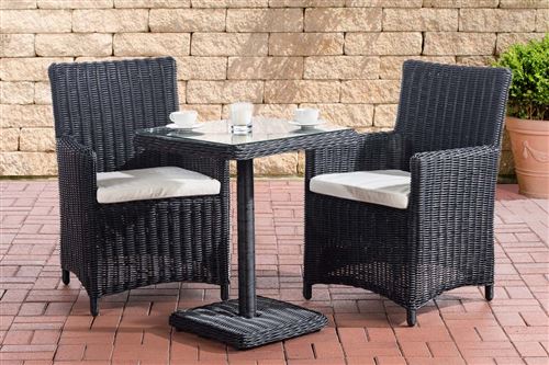 Salon de Jardin Sankt Marlo 5mm - Polyrotin Noir - Coussins Blanc crème