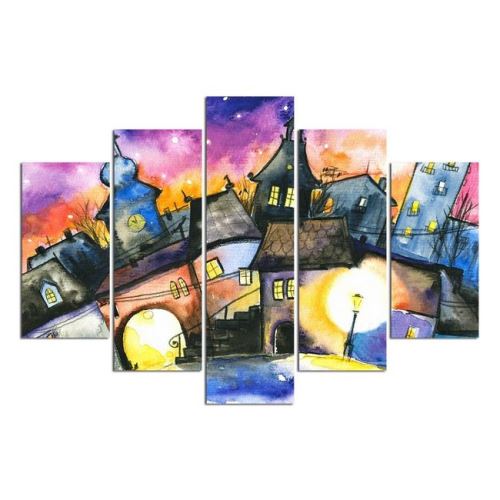 HOMEMANIA Set 5 Tableau Coucher de Soleil - Maisons Dessinées - pour Séjour, Chambre - en MDF, 108 x 70 cm