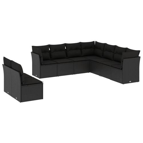  Salon de jardin vidaXL 9 pcs avec coussins noir  en noir r&eacute;sine tress&eacute;e sans table 