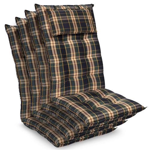 Coussin - Blumfeldt Sylt - Pour chaise de jardin à dossier haut avec appuie-tête - 50x120x9cm - Lot de 4 - Carreaux Vert/Jaune