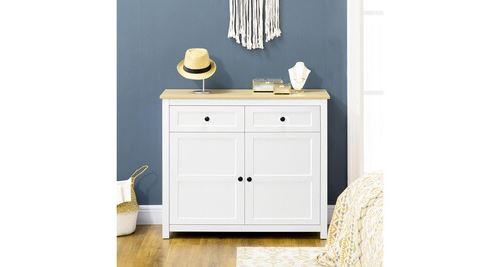 Homcom – Buffet enfilade 2 portes 2 étagères – Dimensions 60 x 30 x 90 cm – Panneau de particules blanc effet bois clair – Système anti-basculement