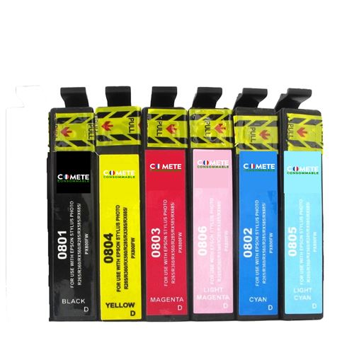 COMETE - T0807 - 6 Cartouches d'encre Compatible Epson 80XL - Noir et Couleur
