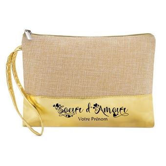 Trousse et pochette de maquillage Taperso en jute dore avec motif soeur d'amour personnalisee - 1