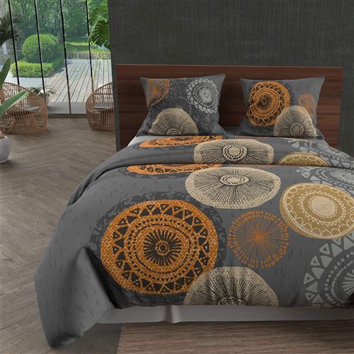 Parure housse de couette en coton 57 fils 240x220 cm MASSAI gris, par Soleil d'Ocre