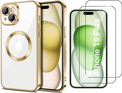 Coque Silicone Pour iPhone 15 Plus Couleur Or Compatible Magsafe + 2 Verres Trempe Protection Ecran Little Boutik®