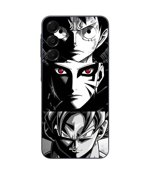 Coque Samsung Galaxy A16 Sangoku Naruto Luffy one piece Dragon Ball Z fond noir et blanc, anime manga Maniacase