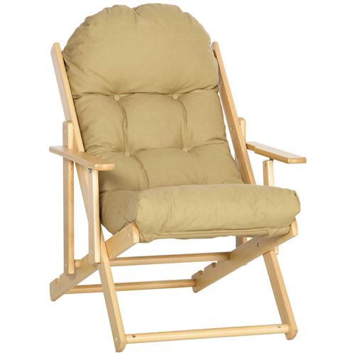 Fauteuil chaise pliable et inclinable en bois grand confort avec coussin capitonné épais - dim. 71I x 89P x 96H cm - beige