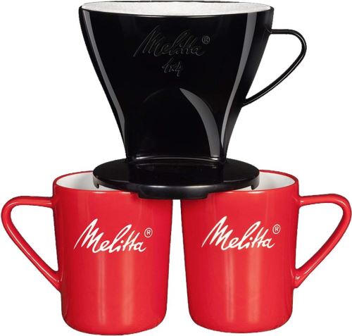 Melitta Kit De Filtration Manuelle, 1 Porte-filtre De Taille 1x4, 2 Mugs En Porcelaine (290 Ml), 5 Filtres À Café 1x4, Pour Over, Noir