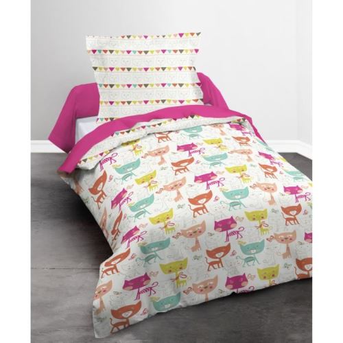 TODAY Parure de couette 100% coton HAPPY CATS - 1 housse de couette et 1 taie d'oreiller - 140x200 cm - Blanc et rose fuschia