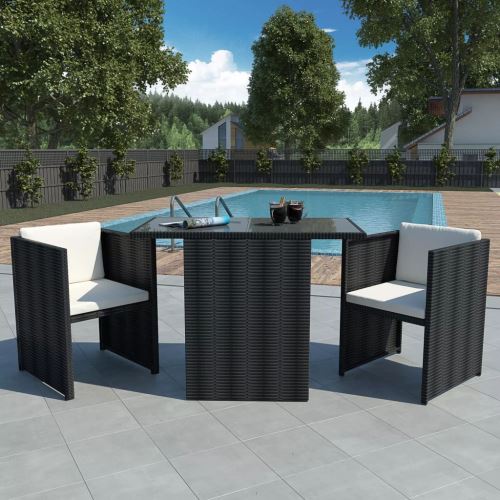 mobilier de jardin Marron Résine tressée 7 pcs 1 table en verre, 2 chaises, 2 coussins de siège et 2 coussins de dossier