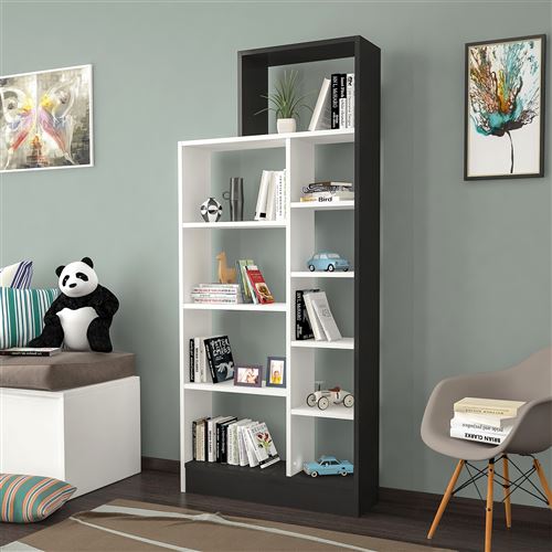HOMEMANIA Bibliothèque Zerre avec Étagères, Meuble de Rangement - pour Salon, Bureau - Noir, Blanc en Bois, 75,4 x 22 x 170,8 cm