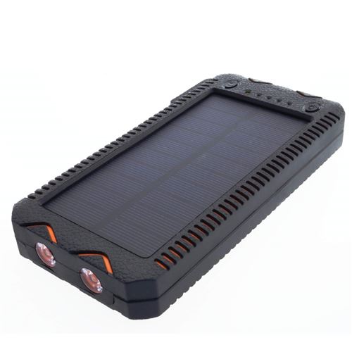 PowerNeed Power Bank 12000 mAh Panneau Solaire 1 W, Sortie USB 2 x 5 V, 2 A, Lumière LED, Imperméable (Noir-Orange)