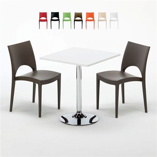 Table Carrée Blanche 70x70cm Avec 2 Chaises Colorées Grand Soleil Set Intérieur Bar Café Paris Cocktail, Couleur: Marron