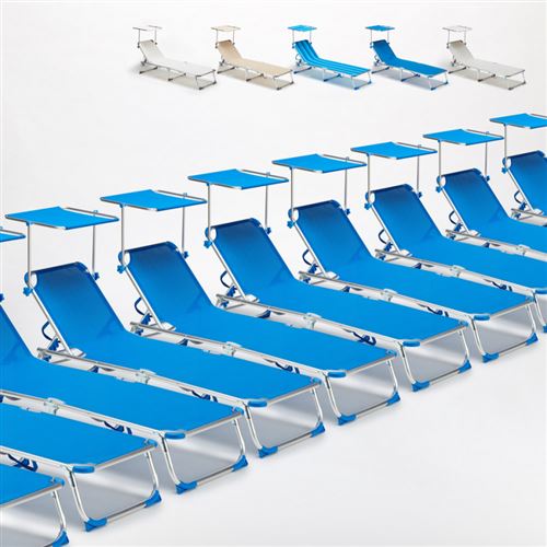 24 transats chaises pour la mer pliants avec paresol California, Couleur: Bleu
