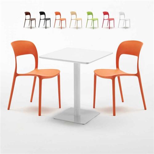 Table carrée 60x60 blanche avec 2 chaises colorées Restaurant Lemon, Couleur: Orange