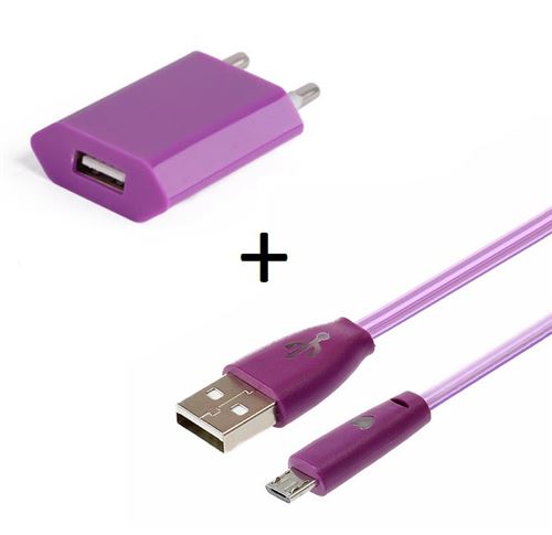 Pack Chargeur Pour Samsung Galaxy S5 Mini Smartphone Micro Usb (cable Smiley Led + Prise Secteur Usb) Android Connecteur (violet)