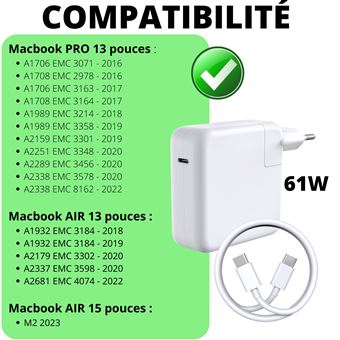 Chargeur 61W + Cable USB-C USB-C pour MacBook PRO 13 MacBook AIR