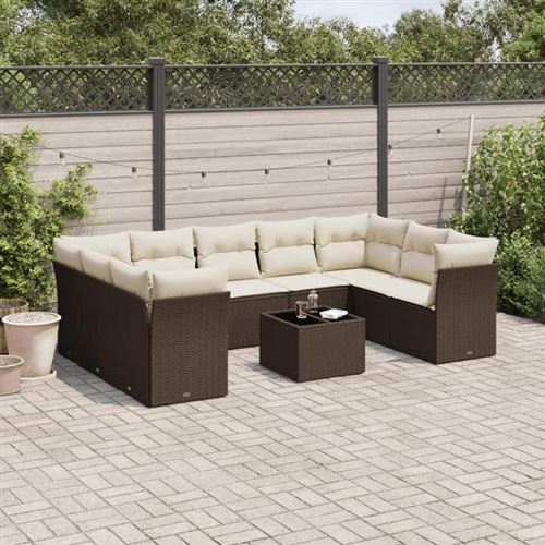 Vidaxl Marron Salon De Jardin 10 Pcs Avec Coussins Résine Tressée - Image 2