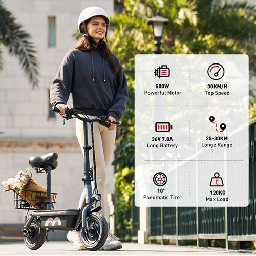 Trottinette Électrique IScooter F2 - 500W, 30km/h, Pliable, Panier - Noir