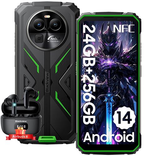Blackview BV8100 Smartphone Incassable 6,5 Android 14 (8+16)Go+256Go 50MP 8800mAh Vert avec Écouteurs Bluetooth Airbuds8