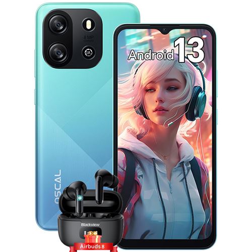 Téléphone Portable Débloqué Oscal FLAT 1C 6,517 4Go+32Go 8MP+5MP 4700mAh Android 13 Bleu avec Blackview Airbuds 8