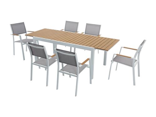 Salle à manger de jardin en aluminium et polywood : une table extensible L.170 / 230 cm et 6 fauteuils empilables - Naturel clair et gris - MACILA de 