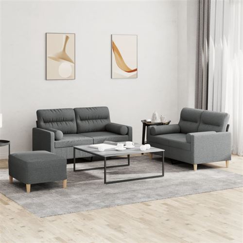 Vidaxl Gris Ensemble De Canapés 3 Pcs Coussins Foncé Tissu - Image 2
