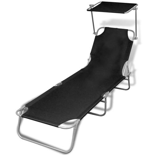 Chaise longue pliable avec auvent acier et tissu Noir