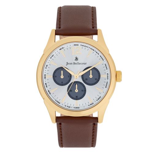 Montre Homme Jean bellecour à Quartz Cadran Argenté 42mm Et Bracelet Doré En Cuir JB1064
