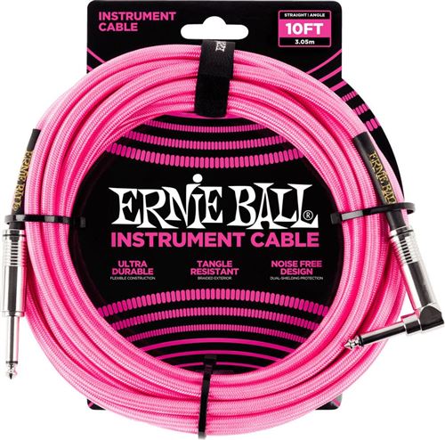 ERNIE BALL CABLES INSTRUMENT GAINE TISSE JACK/JACK COUDÉ 3M ROSE FLUO CÂBLES JACK / INSTRUMENT
