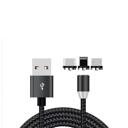 Câble Magnétique Micro USB, USB-C et Lightning (IPhone) Smartphone. Couleur noir Longueur ; 2 mètres