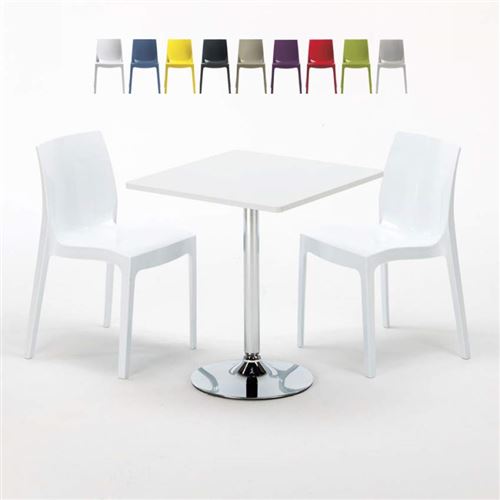 Table Carrée Blanche 70x70cm Avec 2 Chaises Colorées Grand Soleil Set Intérieur Bar Café Ice COCKTAIL, Couleur: Blanc